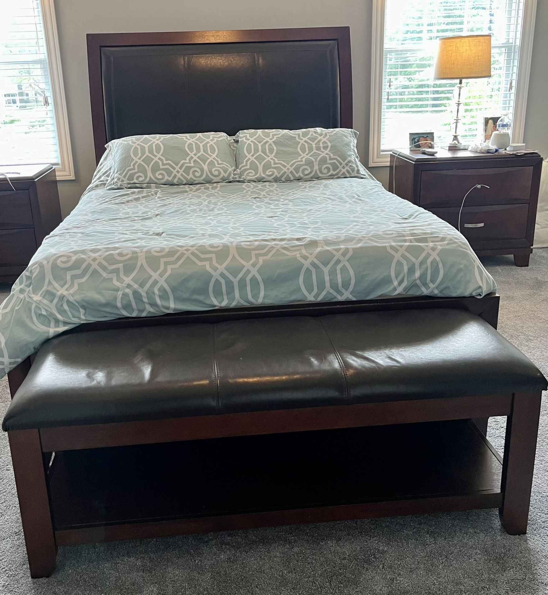 Queen bed frame, & Bench