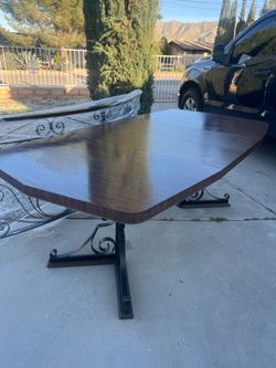 Antique Dining Table W/ Metal Base & Two Leafs!