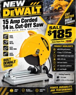 NEW DEWALT 14” Cut-Off Saw – 15 Amp Corded – $185
