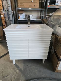 30inch white vanity with sink and brushed nickel waterfall faucet