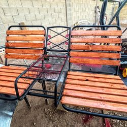 Patio Porch Wood And Metal Bench Swing With Middle Storage And Drink Holders