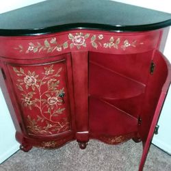 FLORAL FLOWER ROSE RED WOOD BLACK MARBLE TOP CORNER SHELF CABINET OCCASIONAL TABLE DISPLAY CONSOLE