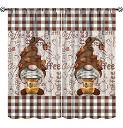 Coffee Curtains Retro Farmhouse Watercolor Funny Gnomes Coffee Brown Buffalo Pla