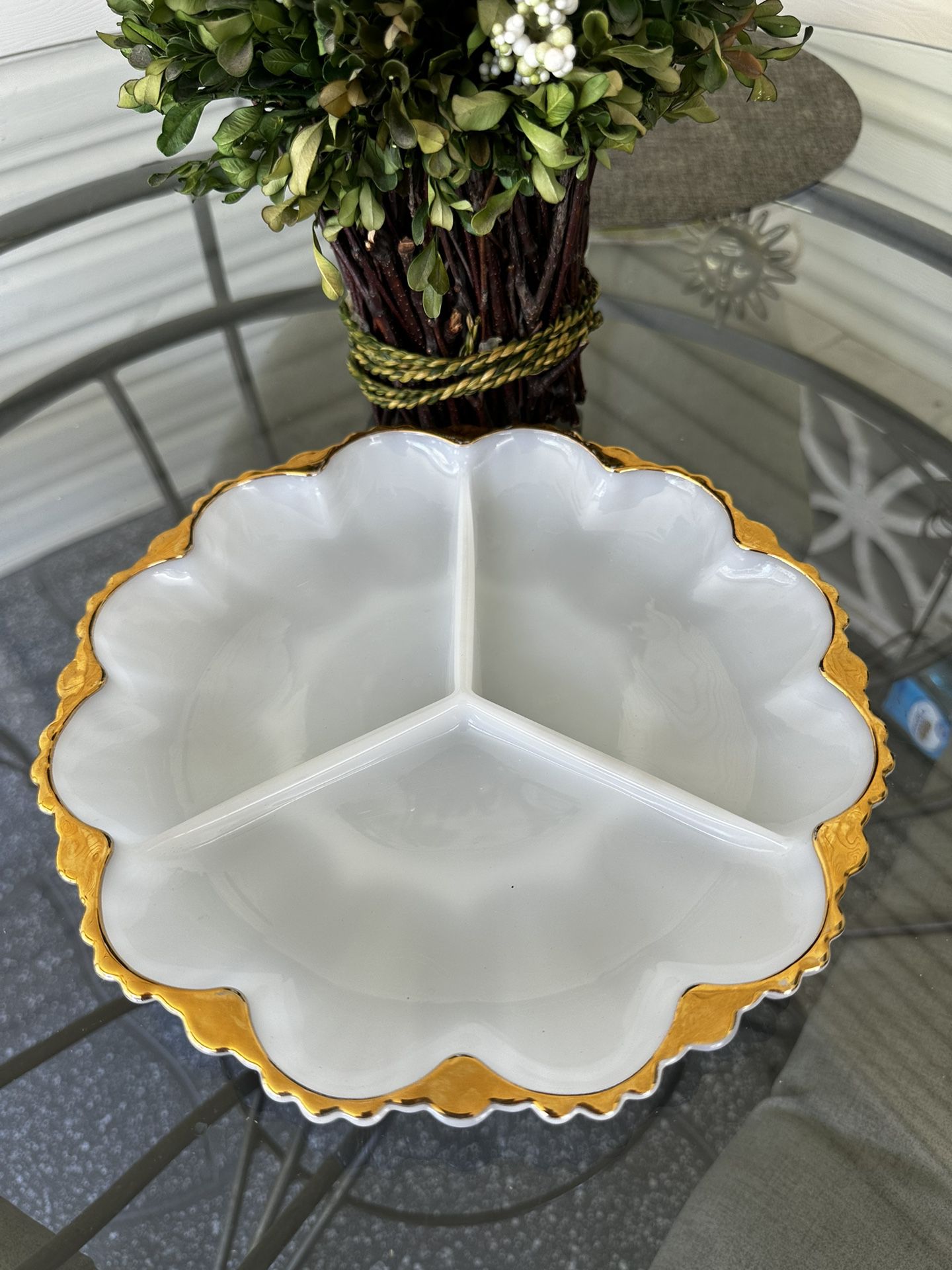 Vintage 1960s Fire King by Anchor Hocking Three Division Milk Glass & Gold Trim 10" Serving Platte Made In USA.