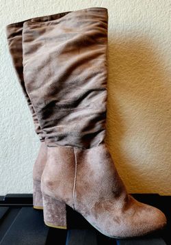 Taupe Suede Knee-High Block Heel Boots
