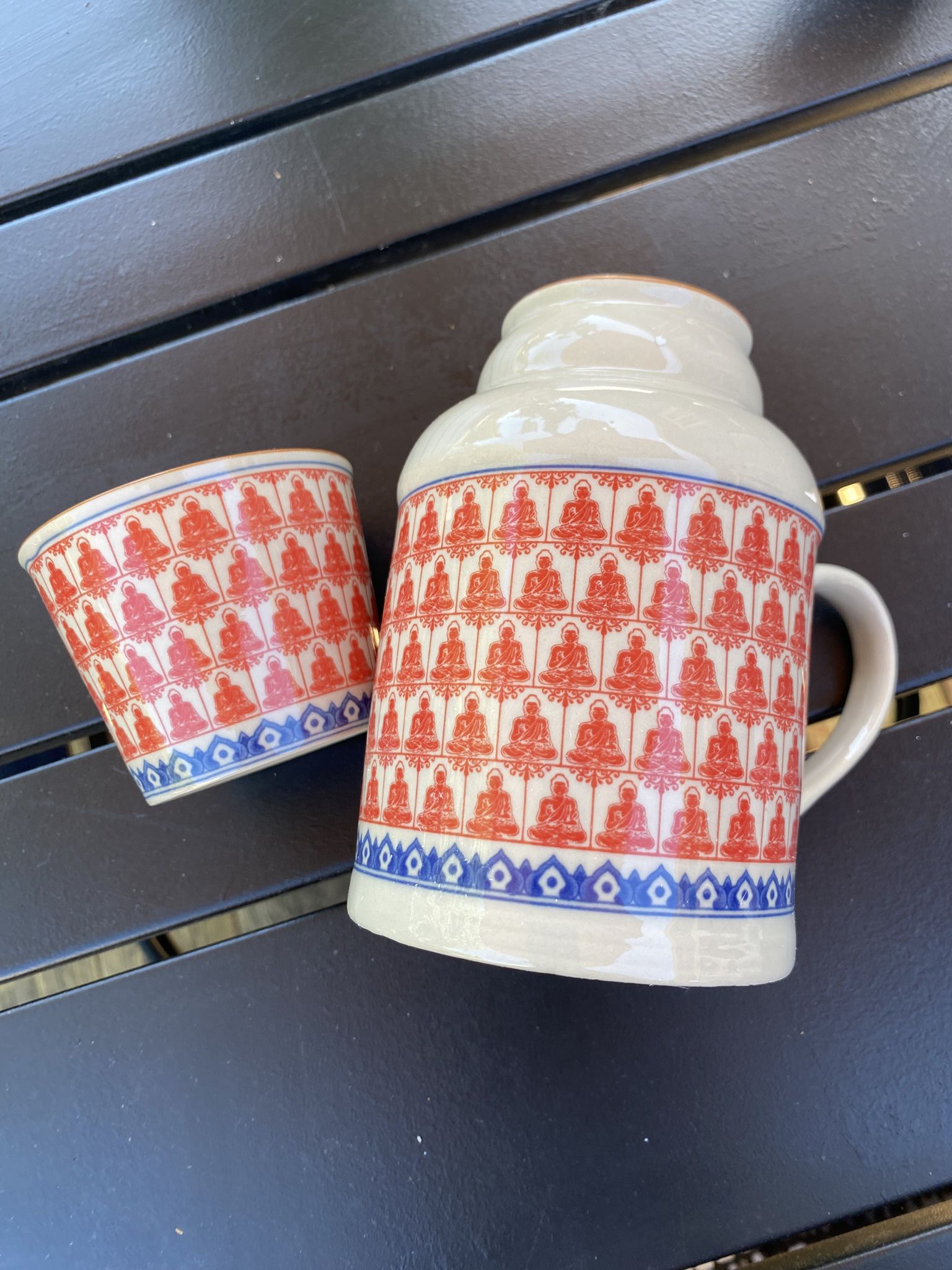 NEW 2-piece Ceramic Tea Set / Larger Pitcher Kettle / Cup / Tumble Up Style Buddha Pattern