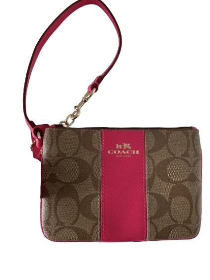 COACH Signature C Wristlet Khaki and Pink Ruby with Metallic Gold Hardware NWT