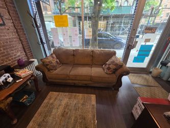 Suede and oak wood couch like new