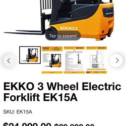 2019  Ekko 3 Wheel Electric Forklift EK15A capacity  3300lbs  lift higher 14.75 ft side shifting.. used only 1500 hours,I did server before one month 