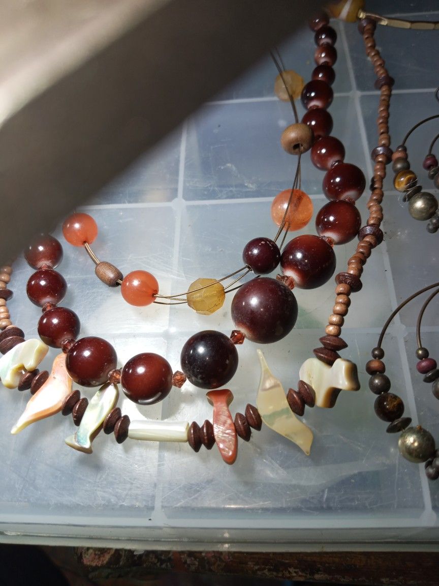 Beautiful Matching Vintage Jewelry Set. Hand Curved Shell. Tigers Eyes.glass Beads. Brass Bracelets. Buying Whole Set Together
