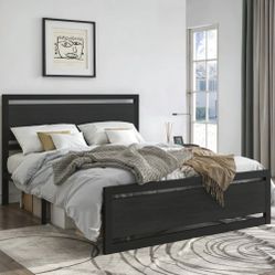 WDLYF003 Queen Size Metal Platform Bed Frame with Wooden Headboard, 12.4" Under-Bed Storage, Black