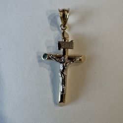 14K Two Tone Gold Hollow Jesus Cross Round Tube Pendant Dije