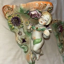 Rare pair Antique Bisque Porcelain Putti' Cupid Cherub Angel Wall Brackets Shelf