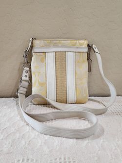 Coach Signature Stripe Yellow C Canvas Logo White Leather Crossbody Purse Bag - Please Read Description