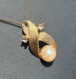Jewelry 14k yellow gold Cuban  necklace chain 18.5" 1.00mm width pearl CZ pendant