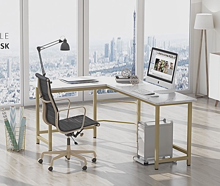 White Faux Marble Print L-Shaped Writing Desk (Gold)