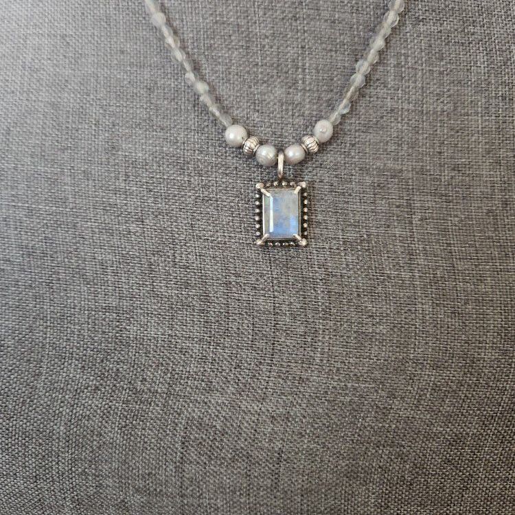 Gemini Moonstone & Pearl SS Necklace