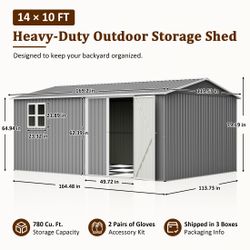 14x10 FT Outdoor Storage Shed, 780 cu.ft Large Metal Tool Shed with Built-in Foundation Frame, Double Doors & Air Vents, Galvanized Steel Sloped Roof 