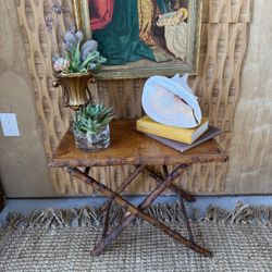 Vintage Bamboo Fold Up Low Side Hall Table Tiger Tortoiseshell Display Decor Occasional Traditional 
