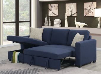 Blue modular microfiber sectional couch and ottoman