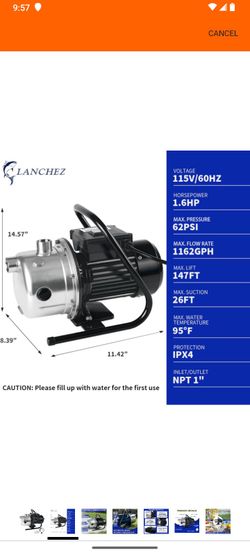 LANCHEZ 1.6 HP Portable Shallow Well Pump, 1162 GPH Stainless Steel Sprinkler Pump, 115V Water Transfer for Garden Draining and Lawn Irrigation