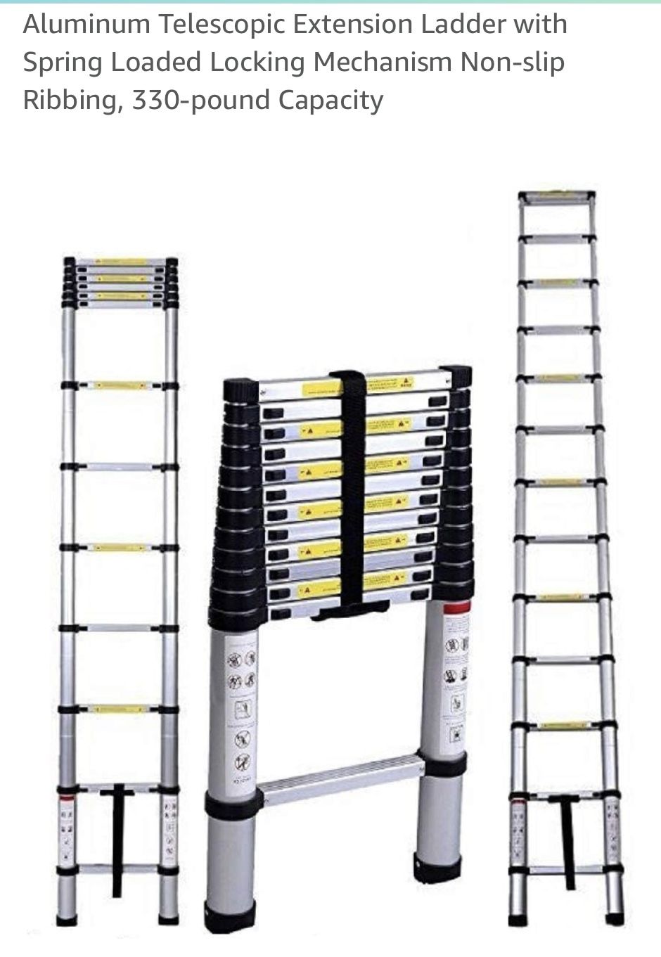 12.5’ Aluminum Telescopic Extension Ladder with Spring Loaded Locking Mechanism Non-slip Ribbing, 330-pound Capacity