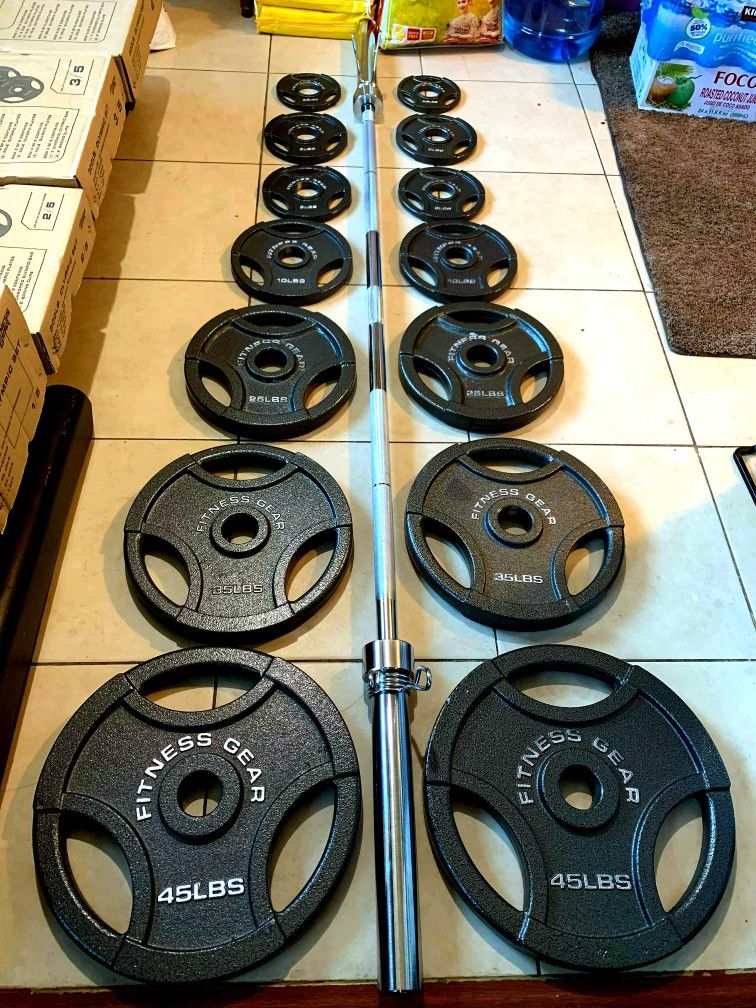 300 LB. Fitness Gear Olympic Weight Set (Weight Plates + Olympic 7' Feet 45 LB. Chrome Barbell + 2 Olympic Barbell Clamps)