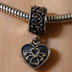 925 sterling silver heart and heart dangle charm , (charm only), fits Pandora bracelet and any necklace