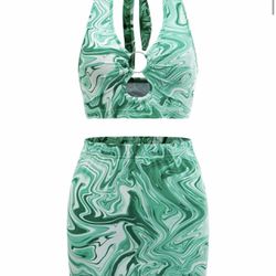 SHEIN 90s Green Marble Tie Back Halter Top & Mini Skirt US M