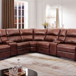 Brand New Brown Faux Leather Power Sectional Sofa w/Cup Holders & USB Port