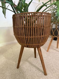 Rattan Basket Stand with Wood Legs and plant
