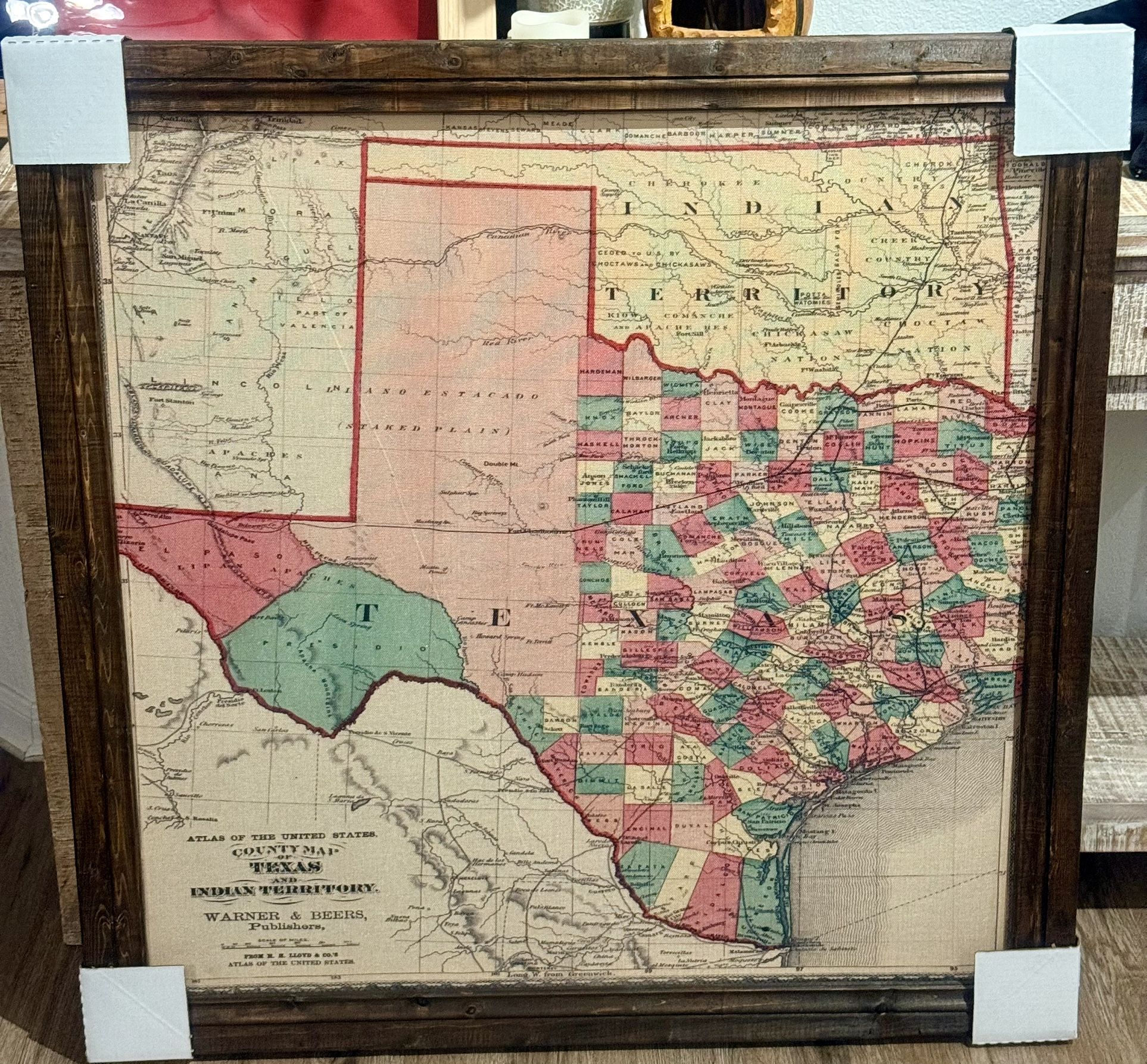 Rustic Framed Map of Texas & Indian Territory – 38.5” Warner & Beers Edition