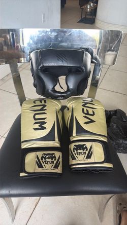 Venum Elite Boxing Gloves – Gold/Black and     Sanabul Essential Training Head Gear