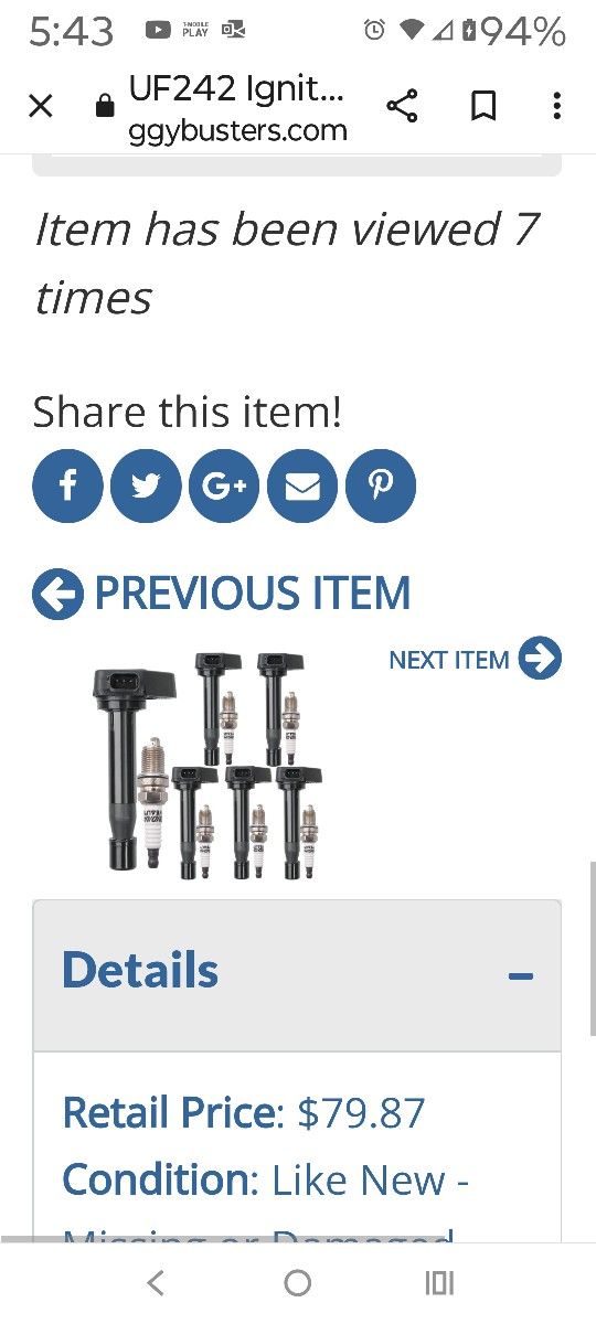 IZ0329: UF242 Ignition Coil Pack 30520P8EA01 and Iridium Spark Plugs 4503 Set of 6 Fit For Honda Accord 7 Odyssey 1 Pilot 8 Ridge
