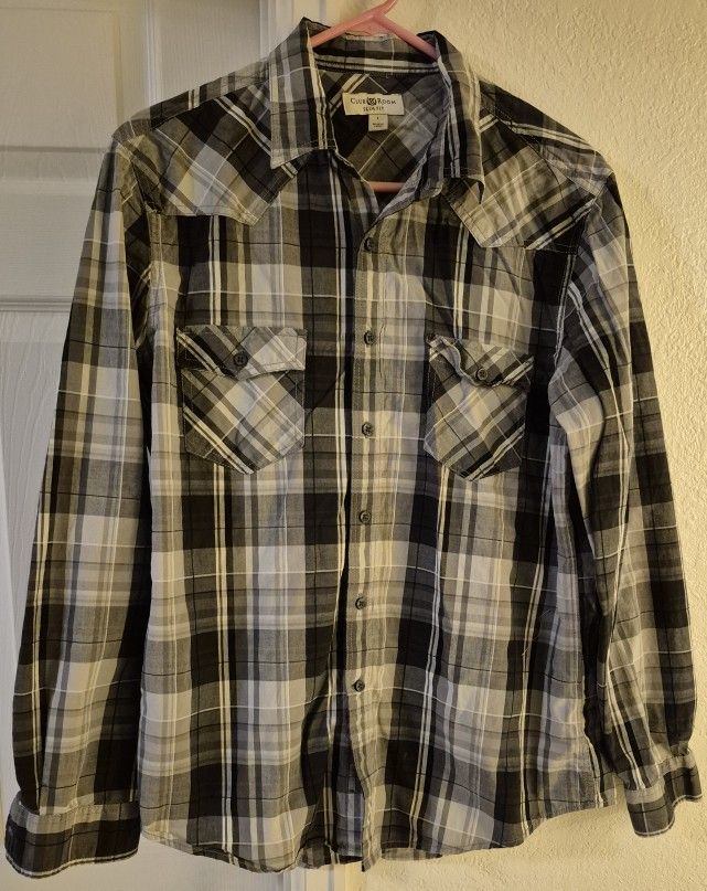 CLUB ROOM Slim Fit Men's Plaid Woven Long-Sleeve Double Pocket Shirt L