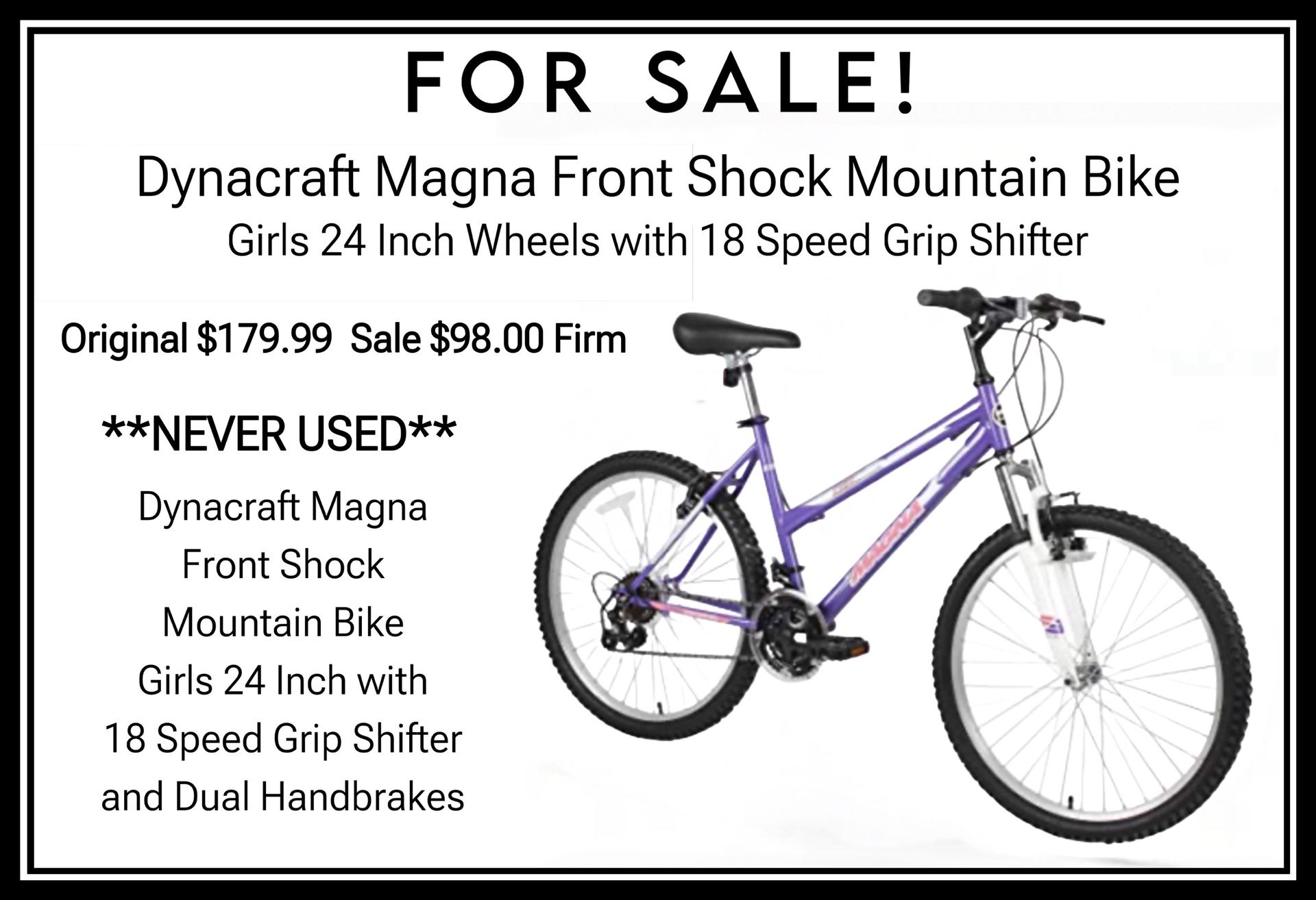 Dynacraft Magna Front Shock Mountain Bike Girls 24 Inch, 18 Speed, Purple