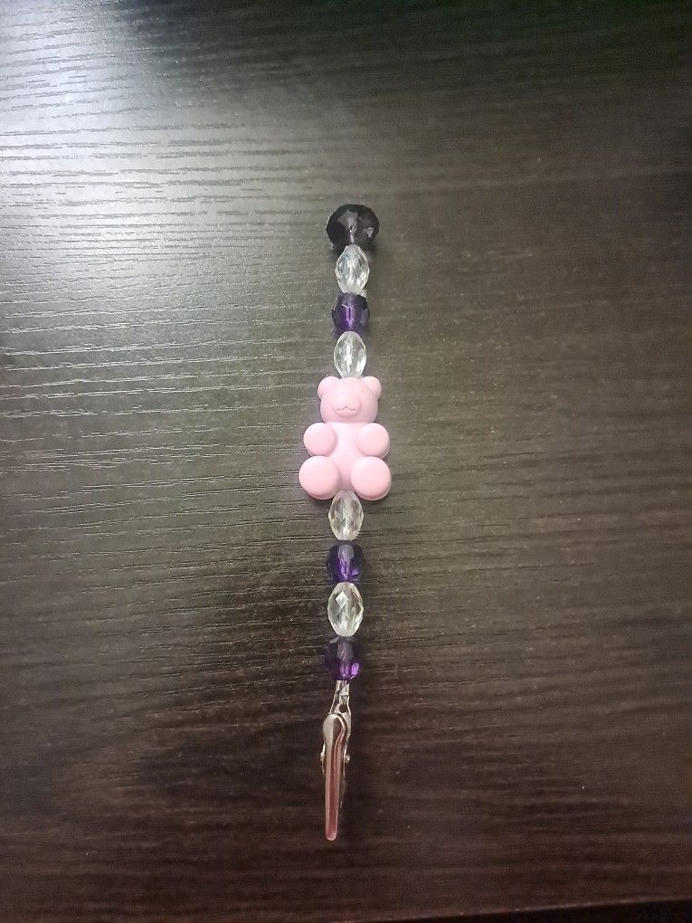 Purple And White Bear Beaded Roach Clip