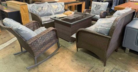 New assembled set of 5 outdoor patio furniture 2 loveseats , 2 rocking chair , 1 fireplace table.