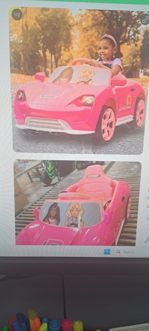 Pink Girls Battery Powered Barbie Style Converible Car - Main Image