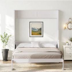 White Murphy Bed Frame with Shelf and USB Charging Station