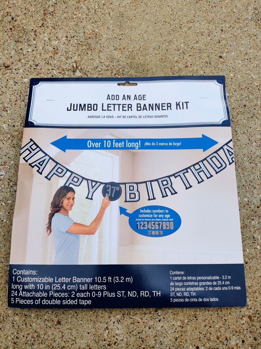 New Happy Birthday jumbo letter banner with customizable age numbers for birthday. 9 bucks.