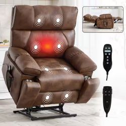 Brown Oversized Dual Motor Leather Power Lift Recliner with Heat and Massage, 2 Pocket Cup Holder