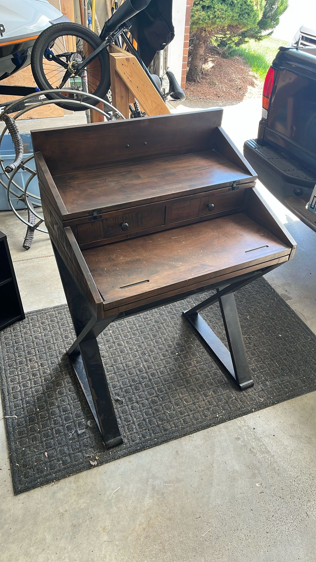 Distressed Antique Cognac and Black Wood Secretary Desk