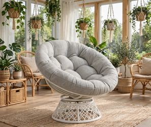 Swivel Papasan Chair — White Frame, Silver Cushion (Brand New) - M21C