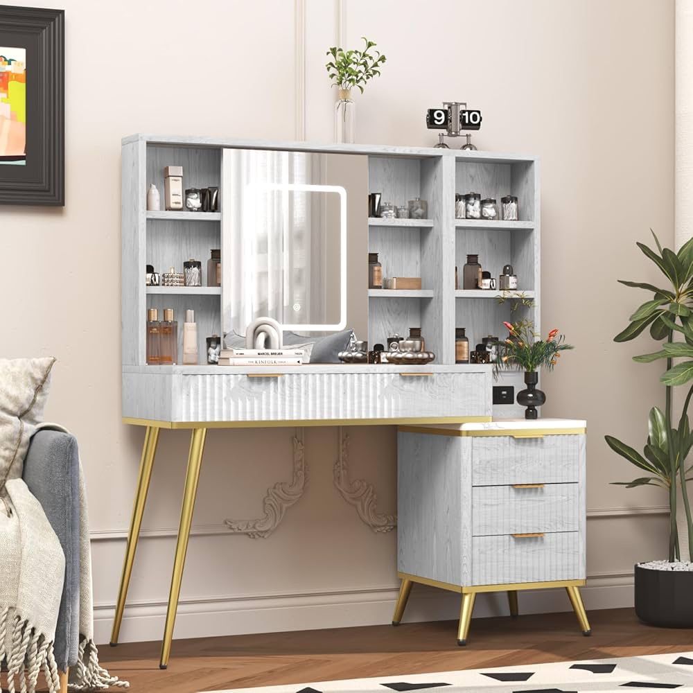T4TREAM Fluted Makeup Vanity Desk with 36" HD Lighted Mirror, 48" Big Modern Vanity Desk with Mirror and Lights, Dressing Table with 5 Drawers & Shelv