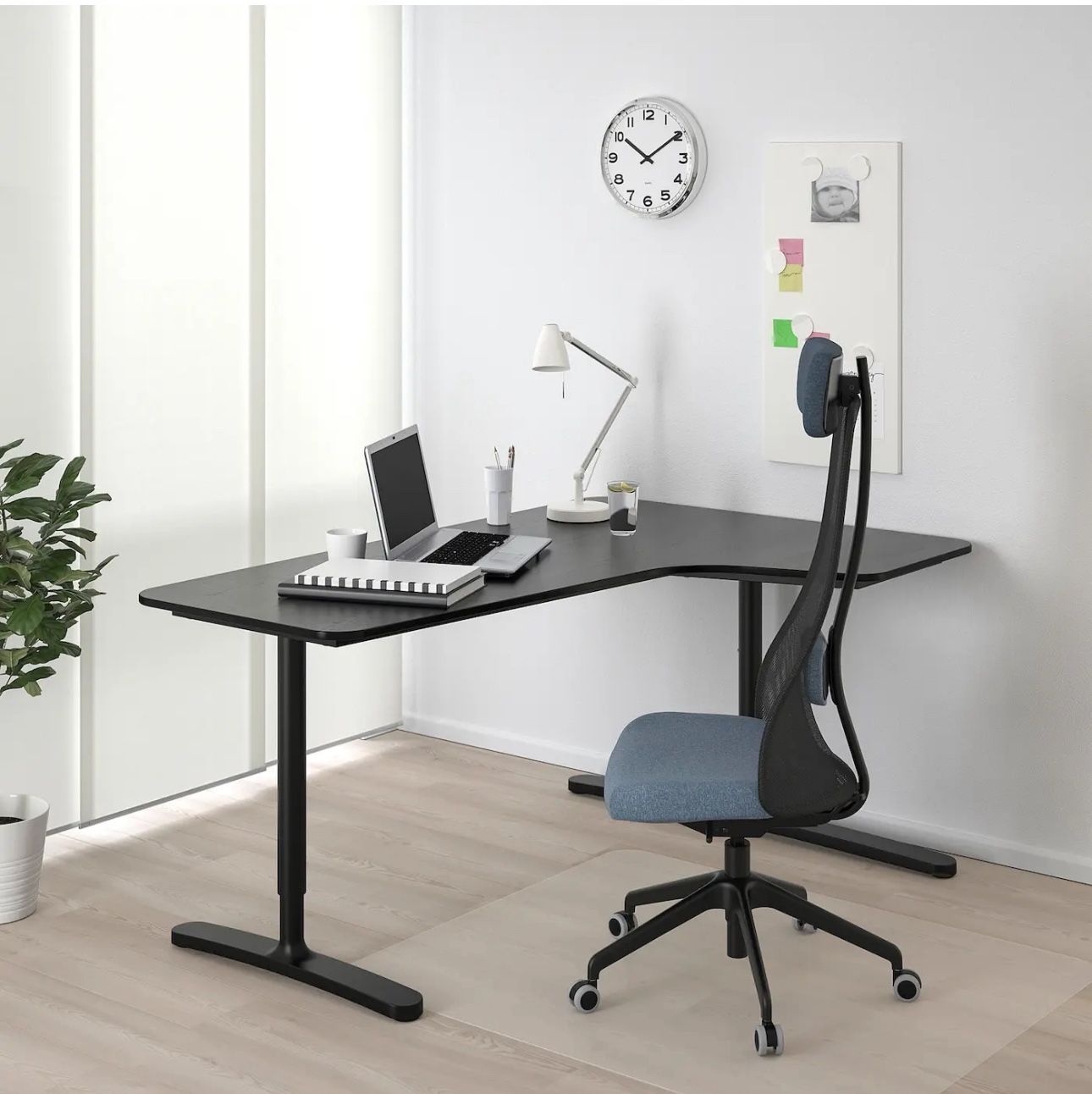 IKEA Bekant L-Shaped Desk, 63x43” a beautiful office table with metal base, legs and net underneath