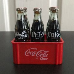 Vintage Mini International Filled Coca Cola Bottles and Crate Basket 
