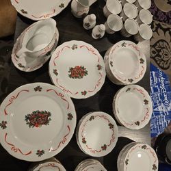 Vintage Christmas Korona & Walbrzych China Set from Poland Basket of Cheer, serves almost 12