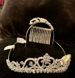 Crown Set For Quinceanera White And Blue Glass Rhinestones 