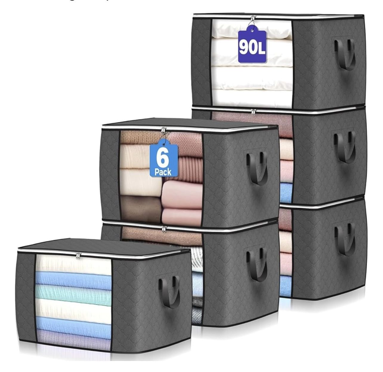 90 L Large Storage Bags, 6 Pack Clothes Storage Bins Foldable Closet Organizers Storage Containers with Reinforced Handle for Clothing, Blanket, Comfo